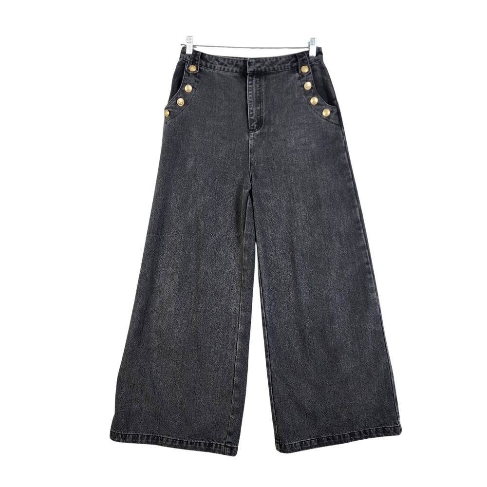 Vestique Womens Wide Leg Sailor Jeans Large Washed Black Gold Buttons High Rise - Picture 2 of 15